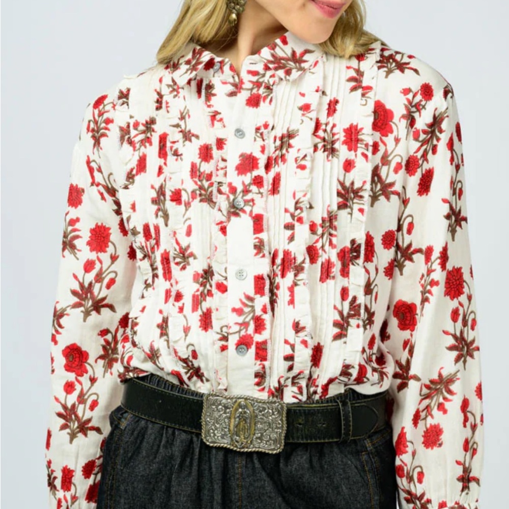 Ivy Jane Tuxedo blouse Floral Red and cream Women's Top. Large